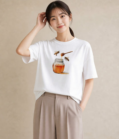 半袖Tシャツ レディース みつばち 昆虫 虫 イラスト ラフカジュアル 女性 旅行用 白T YMAZO