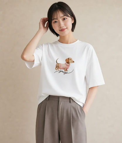 Tシャツ レディース ミニチュアダックスフンド 犬 いぬ イラスト ナチュラル 友達ギフト 部屋着 白T YMAZO