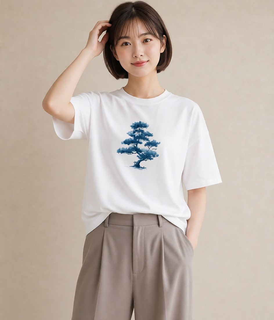 半袖Tシャツ レディース 青の水彩 風景 ブルー ナチュラル アンティーク イラスト ママ カフェ服 白T YMAZO