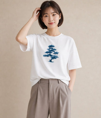 半袖Tシャツ レディース 青の水彩 風景 ブルー ナチュラル アンティーク イラスト ママ カフェ服 白T YMAZO