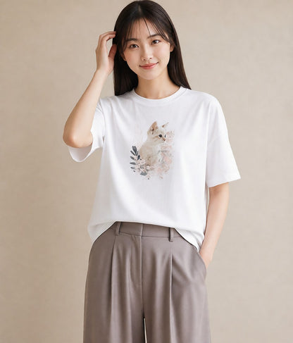 グラフィックTシャツ レディース 子猫 猫 ねこ イラスト レトロ 綿100 デート 白T YMAZO