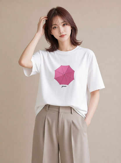 半袖Tシャツ レディース 傘 水たまり 雨 ナチュラル アンティーク イラスト 普段使い 買い物 夏コーデ 白T YMAZO