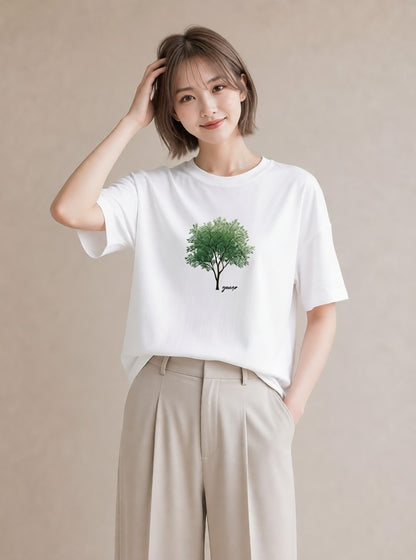 プリントTシャツ レディース 木 植物 ボタニカル イラスト シンプル 綿100 デート 白T YMAZO