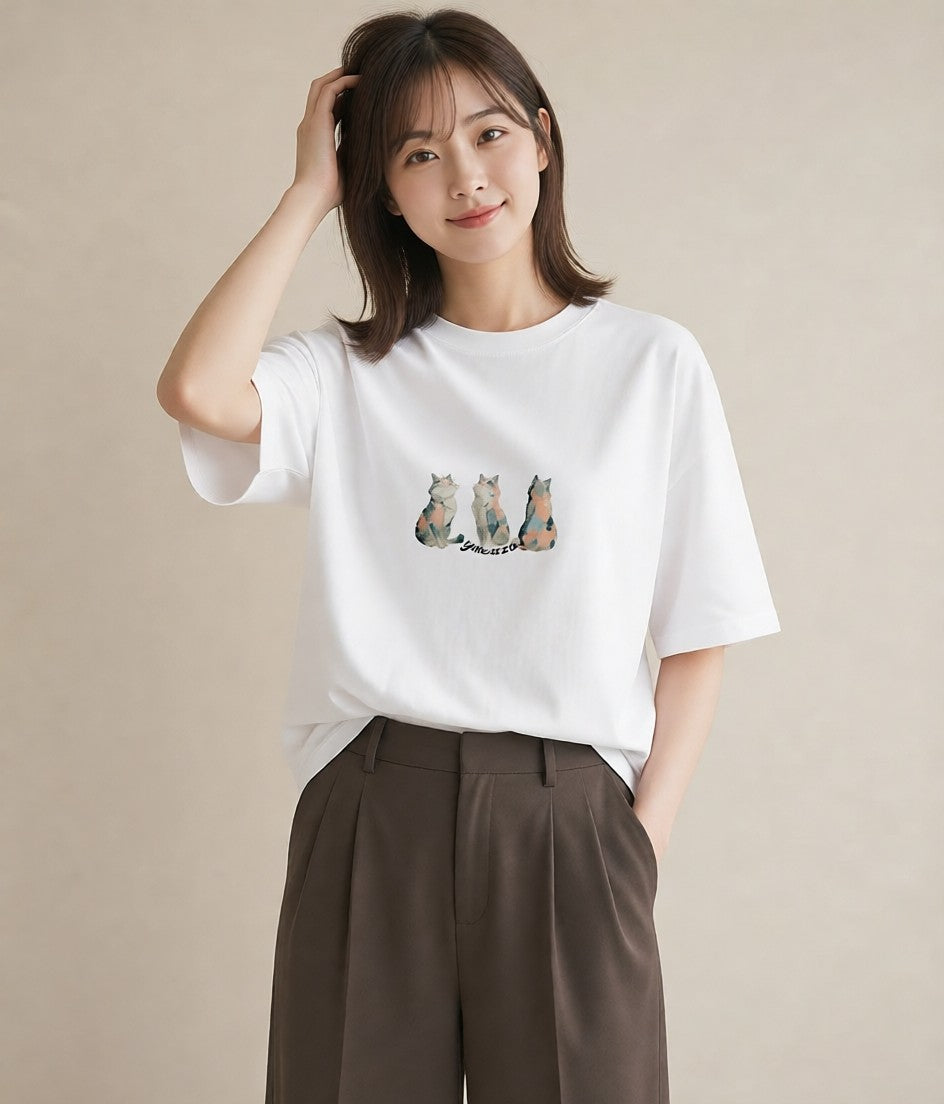 グラフィックTシャツ レディース ぶち猫 猫 ねこ イラスト シンプル 送別ギフト 通勤 白T YMAZO