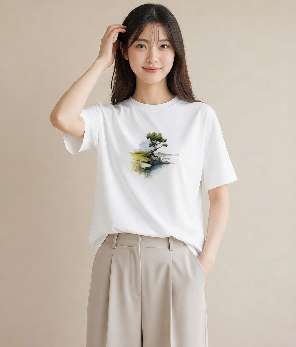 半袖Tシャツ レディース 盆栽 植物 ボタニカル イラスト 韓国風 部屋着 女性向けギフト 白T YMAZO