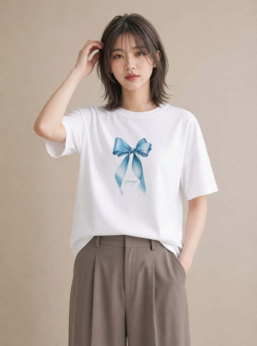 グラフィックTシャツ レディース リボン 蝶結び ナチュラル アンティーク イラスト ゆるかわ 女性 旅行用 白T YMAZO