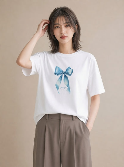 グラフィックTシャツ レディース リボン 蝶結び ナチュラル アンティーク イラスト ゆるかわ 女性 旅行用 白T YMAZO