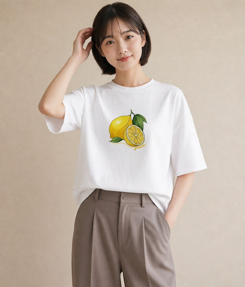 プリントTシャツ レディース レモン 檸檬 食べ物 フード イラスト 普段使い 通勤 在宅 白T YMAZO