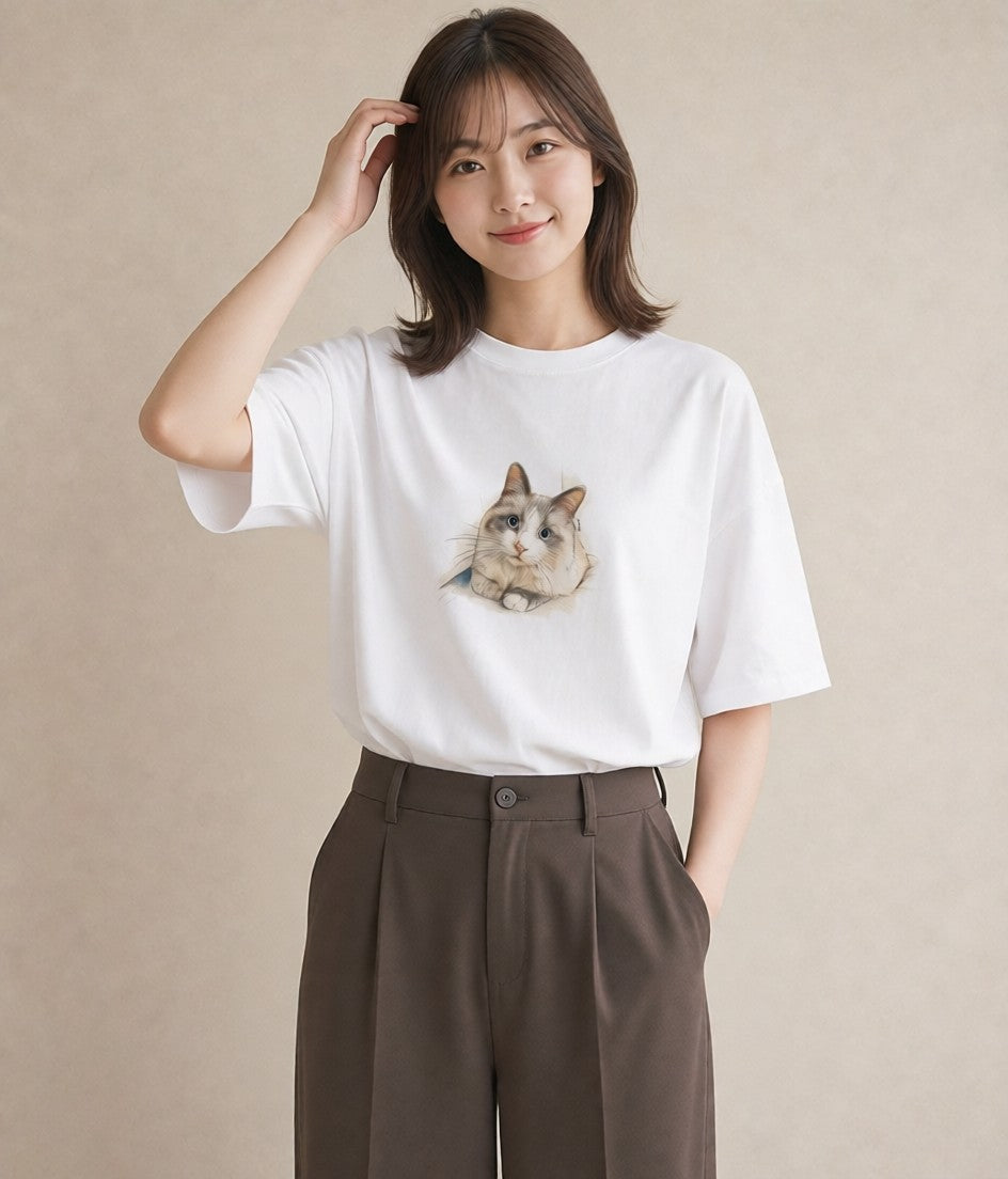 デザインTシャツ レディース ペルシャ 猫 ねこ イラスト ニュアンス 普段着 週末コーデ 白T YMAZO