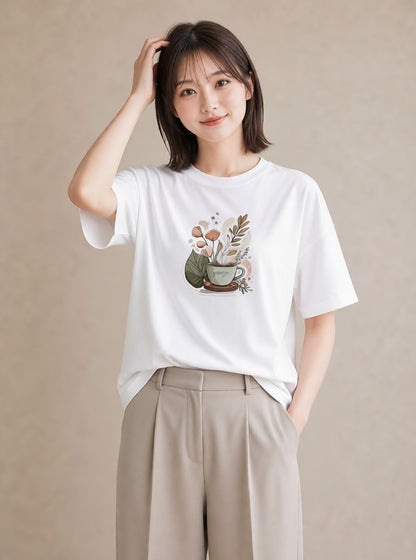 Tシャツ レディース 紅茶 食べ物 フード イラスト きれいめカジュアル お出かけ 普段着 白T YMAZO