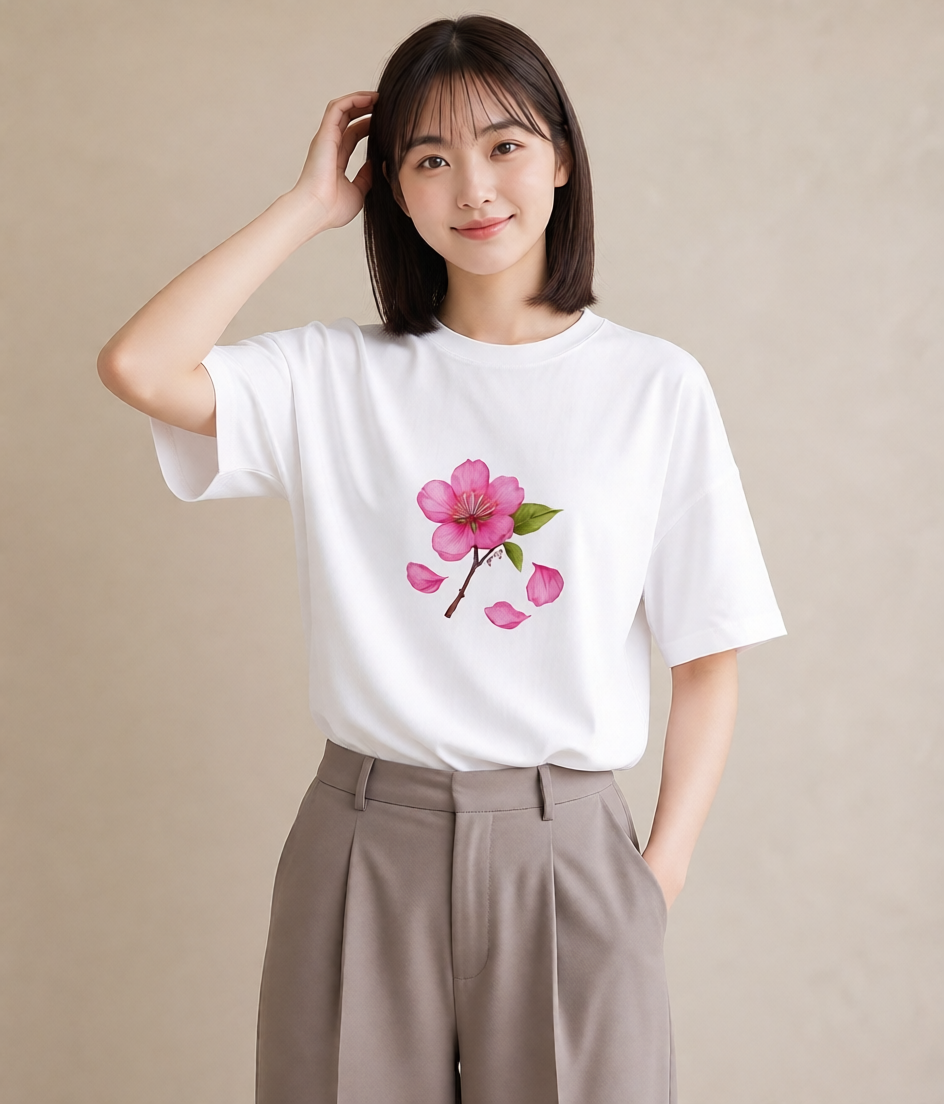 プリントTシャツ レディース 椿 花 花柄 イラスト 手描き風 春コーデ 姉妹 白T