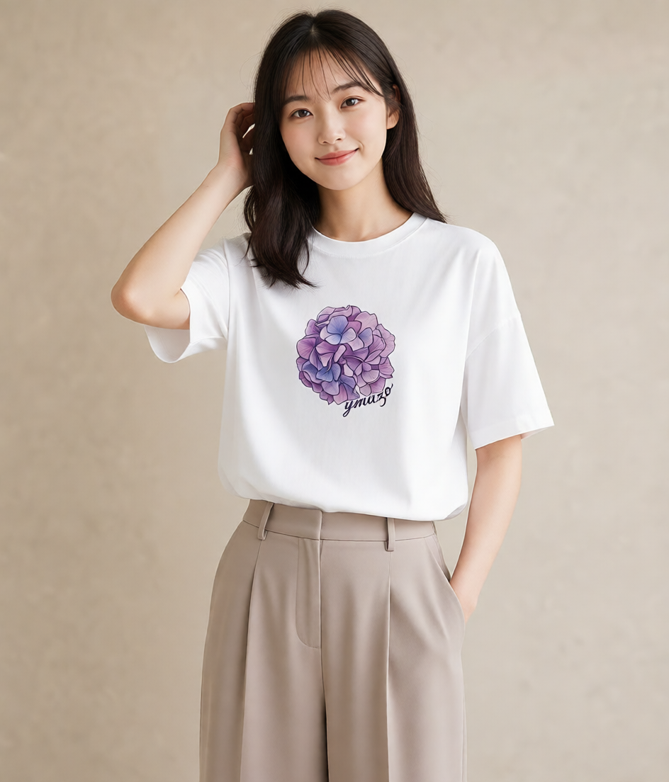 プリントTシャツ レディース あじさい 紫陽花 アジサイ 花 花柄 イラスト ナチュラル 女性 旅行用 白T