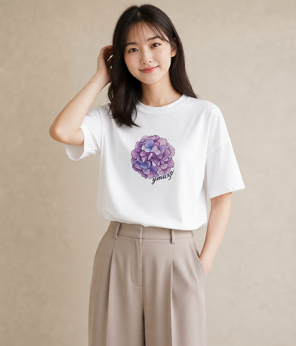 プリントTシャツ レディース あじさい 紫陽花 アジサイ 花 花柄 イラスト ナチュラル 女性 旅行用 白T