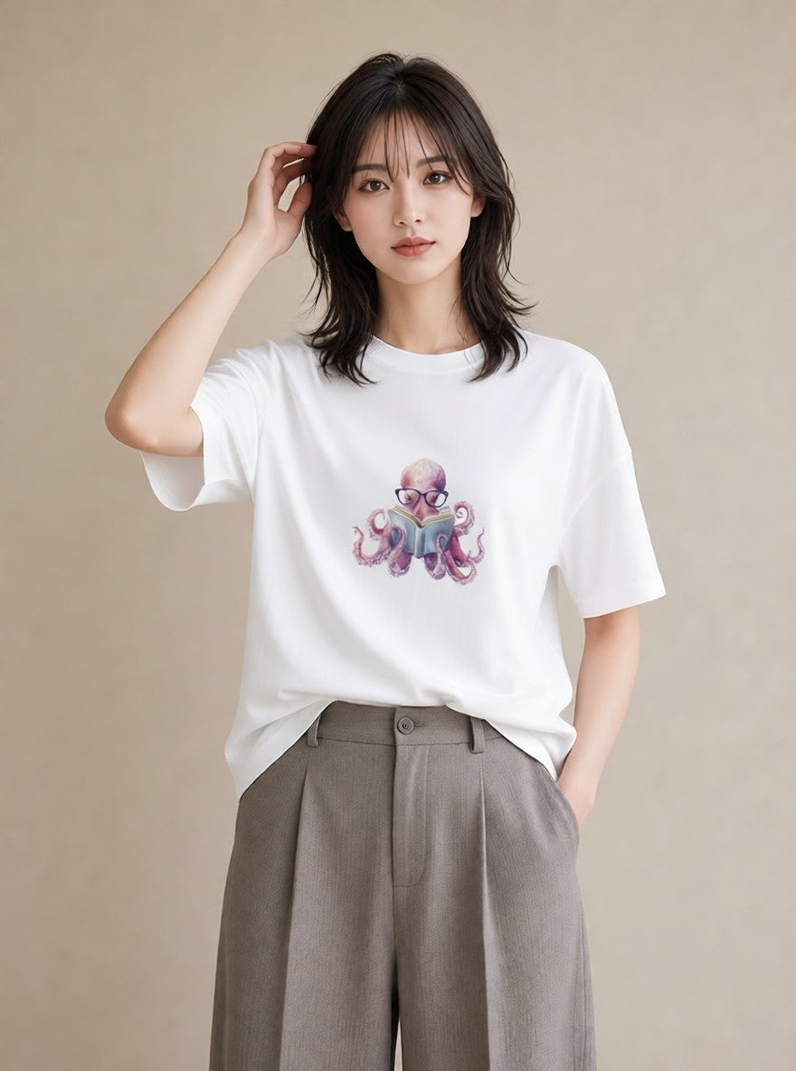 デザインTシャツ レディース タコ 海の生き物 海 イラスト 旅行コーデ 綿100 デート 白T YMAZO