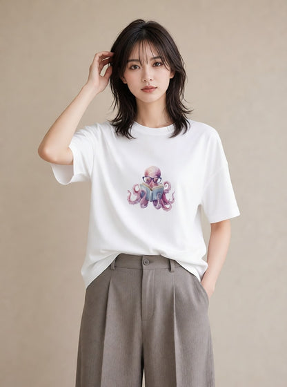 デザインTシャツ レディース タコ 海の生き物 海 イラスト 旅行コーデ 綿100 デート 白T YMAZO