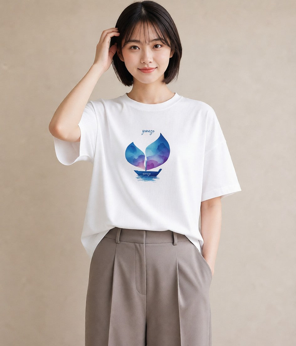 Tシャツ レディース 傘 水たまり 雨 ナチュラル アンティーク イラスト カフェコーデ 姉妹 送別ギフト 白T YMAZO
