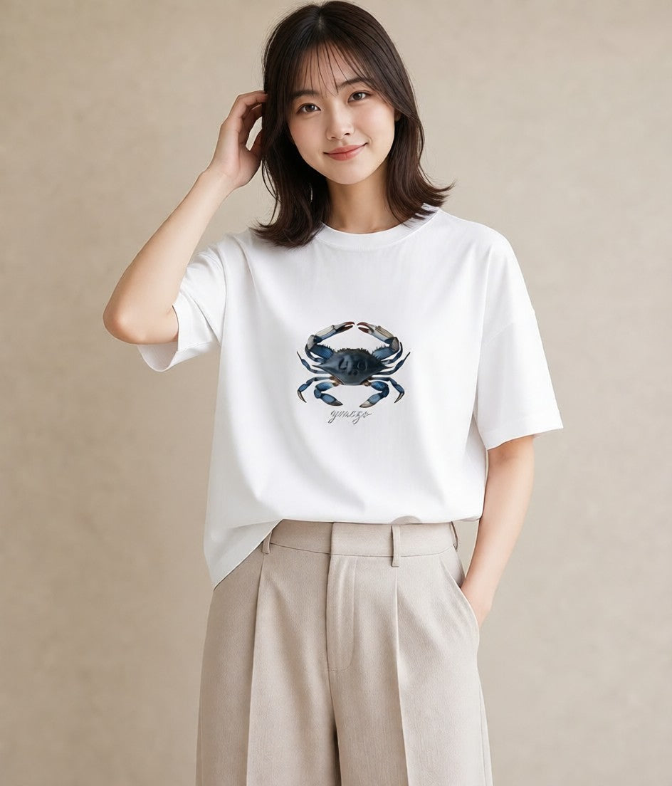 グラフィックTシャツ レディース カニ 海の生き物 海 イラスト きれいめカジュアル 母娘コーデ 自分用 白T YMAZO