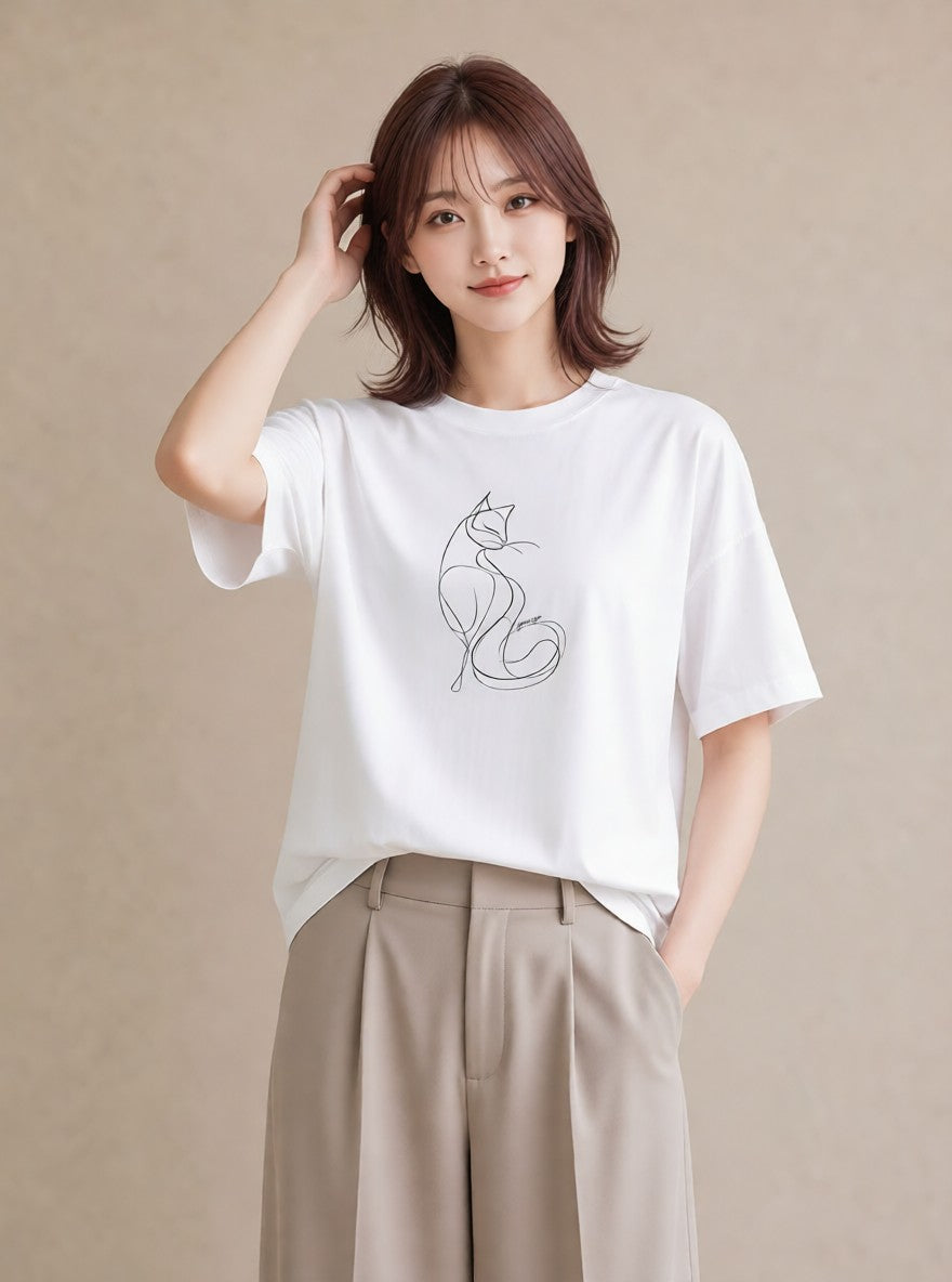 半袖Tシャツ レディース 猫 ねこ ネコ イラスト 休日コーデ 送別ギフト 通勤 白T YMAZO