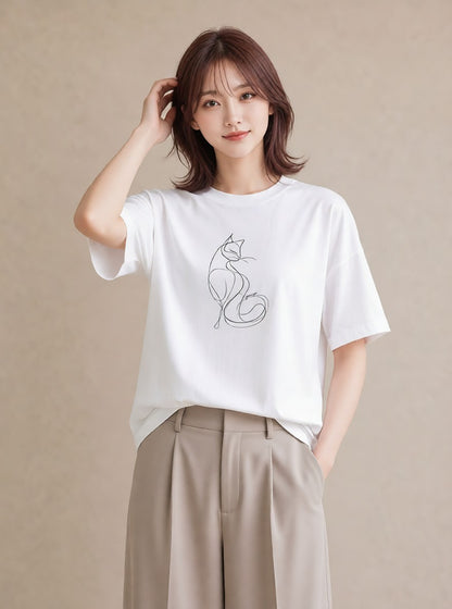 半袖Tシャツ レディース 猫 ねこ ネコ イラスト 休日コーデ 送別ギフト 通勤 白T YMAZO