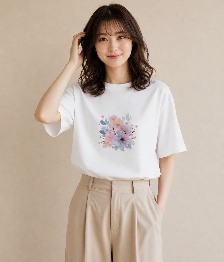 グラフィックTシャツ レディース 椿 花 花柄 イラスト ラフ 散歩 お出かけ 白T YMAZO