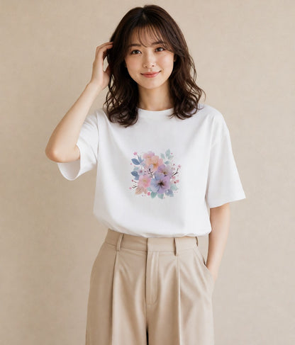 グラフィックTシャツ レディース 椿 花 花柄 イラスト ラフ 散歩 お出かけ 白T YMAZO