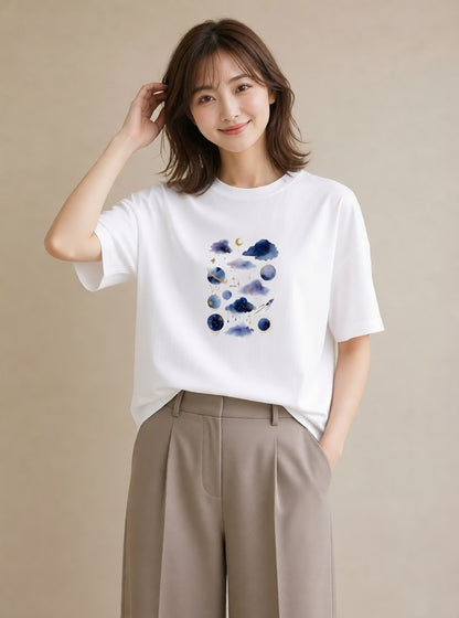 プリントTシャツ レディース 天秤座 星空 宇宙 イラスト こなれ感 通勤 在宅 白T YMAZO