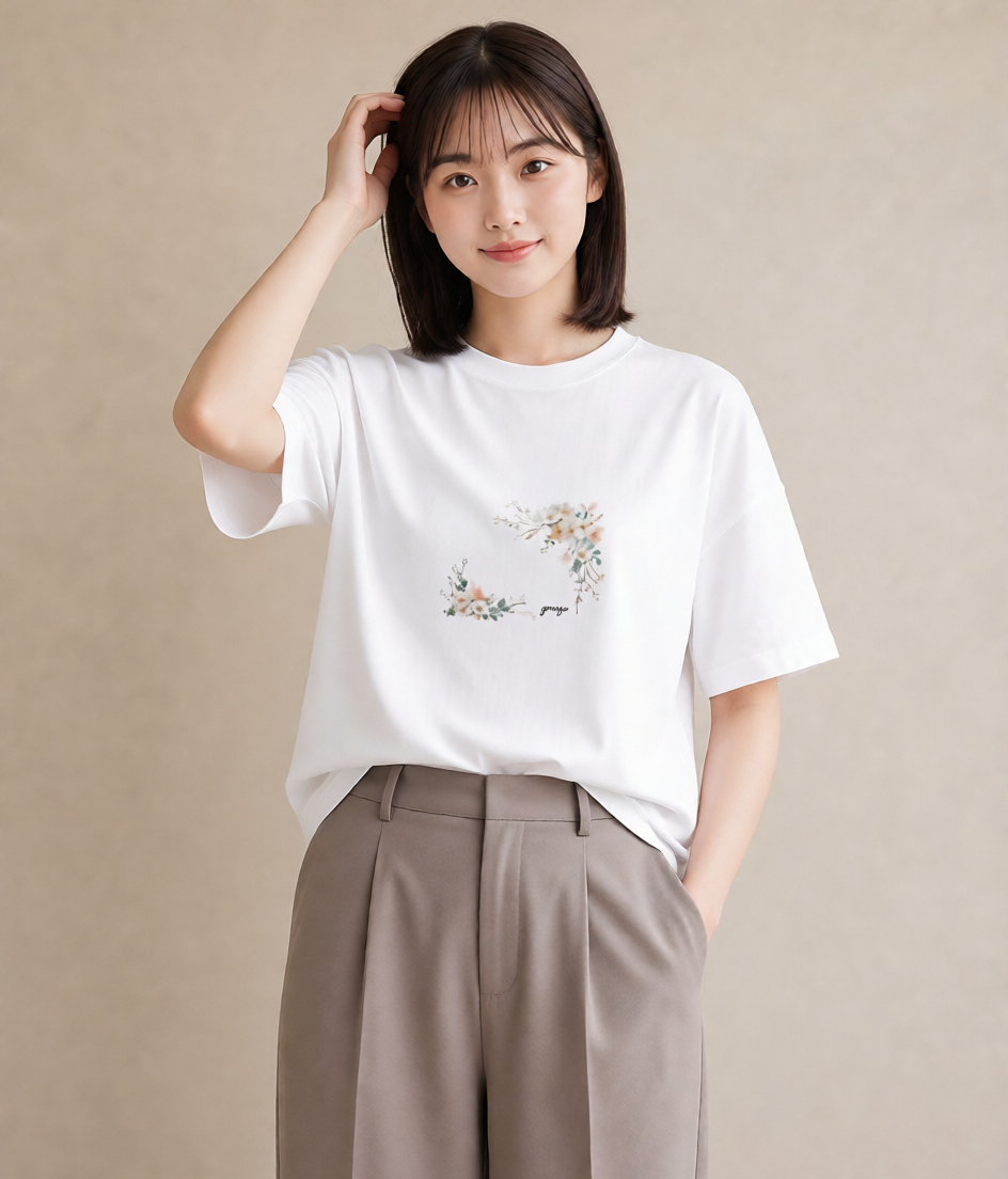 半袖Tシャツ レディース カスミソウ かすみ草 花 花柄 イラスト 手描き風 散歩 お出かけ 白T YMAZO