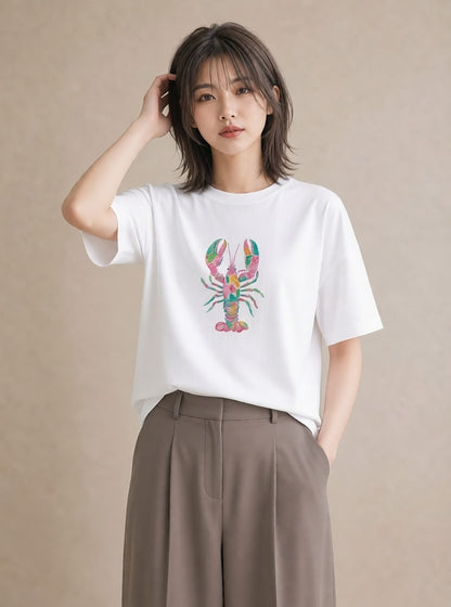 グラフィックTシャツ レディース エビ 海の生き物 海 イラスト カジュアル 通勤 在宅 白T YMAZO