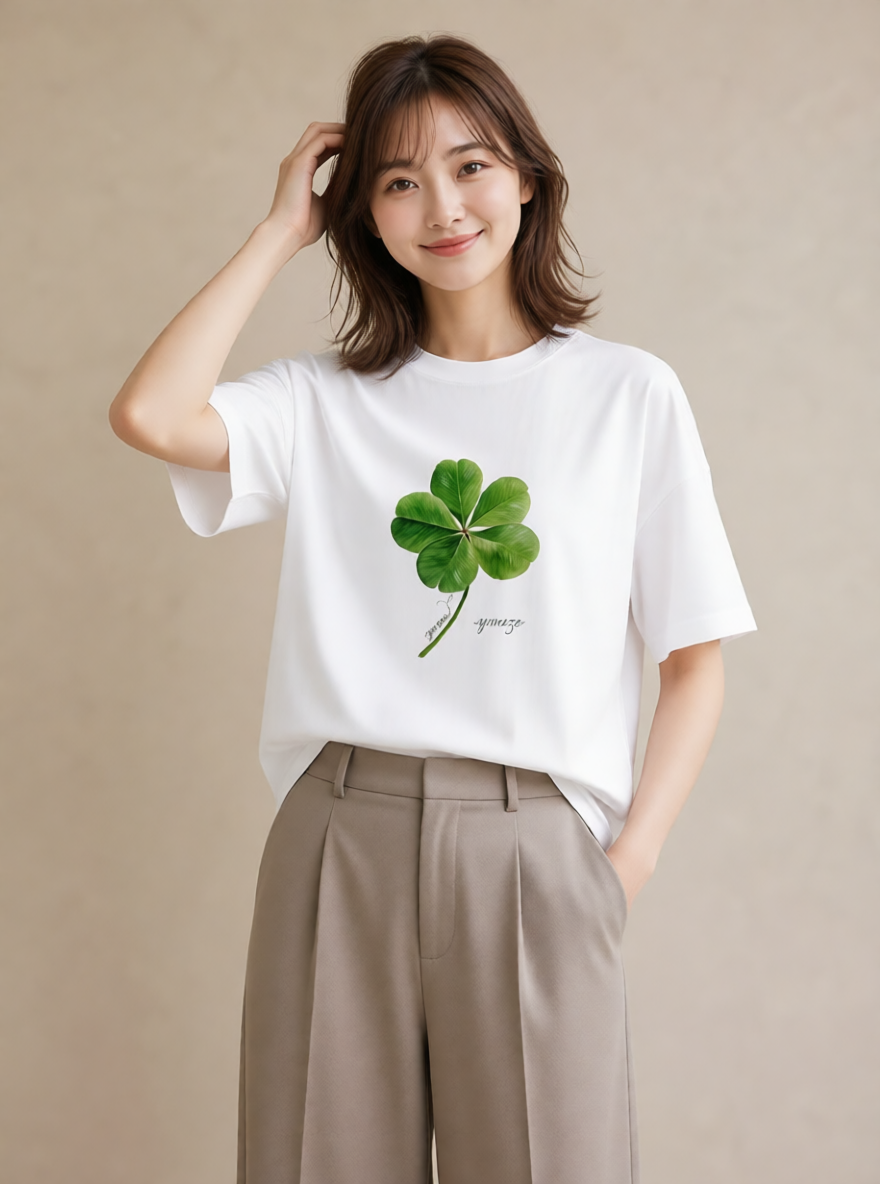プリントTシャツ レディース クローバー 四つ葉 花 花柄 イラスト 上品 綿100 デート 白T YMAZO