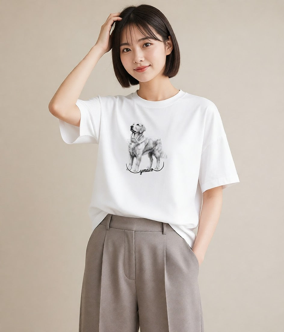 Tシャツ レディース ゴールデンレトリバー ゴールデン 犬 いぬ イラスト きれいめ 母の日 ビーチ 白T YMAZO