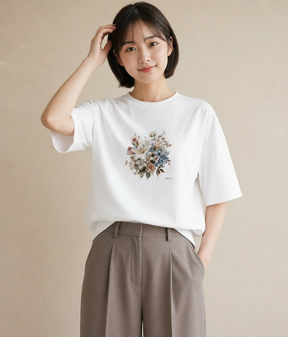 Tシャツ レディース ポスト 野の花 レトロ ナチュラル アンティーク イラスト モード 誕生日プレゼント 綿100 白T YMAZO