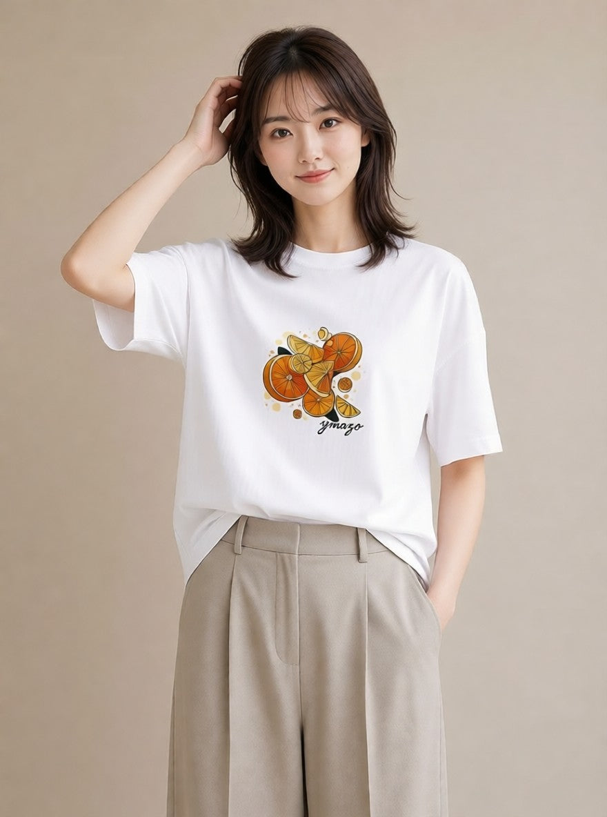半袖Tシャツ レディース みかん 食べ物 フード イラスト ナチュラル 送別ギフト 通勤 白T YMAZO