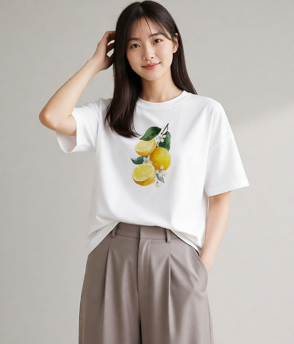 半袖Tシャツ レディース レモン 檸檬 食べ物 フード イラスト カフェコーデ 海 カフェ巡り 白T YMAZO