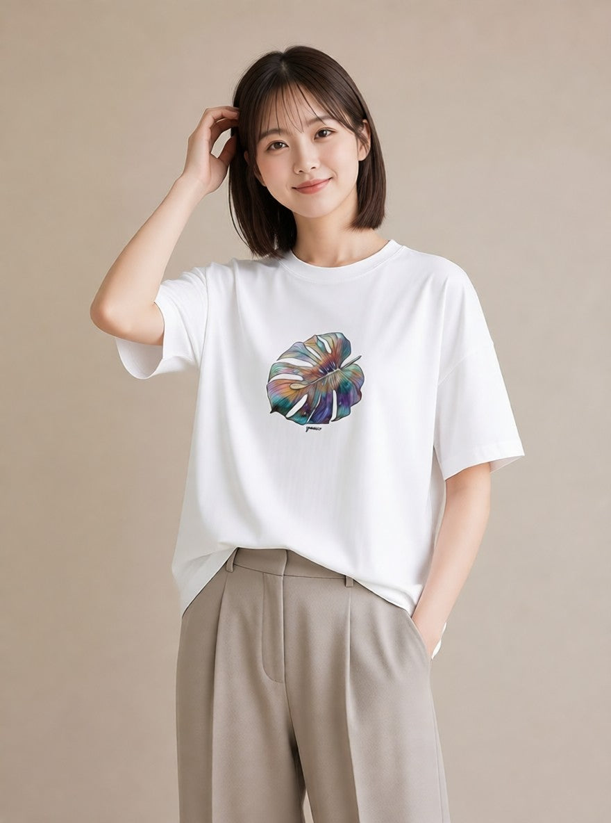 グラフィックTシャツ レディース モンステラ 植物 ボタニカル イラスト 線画 クリスマス 旅行 白T YMAZO