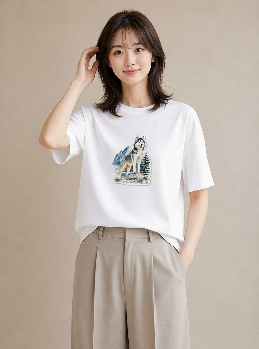 デザインTシャツ レディース シベリアンハスキー 犬 いぬ イラスト 手描き風 ギフト 母の日 白T YMAZO