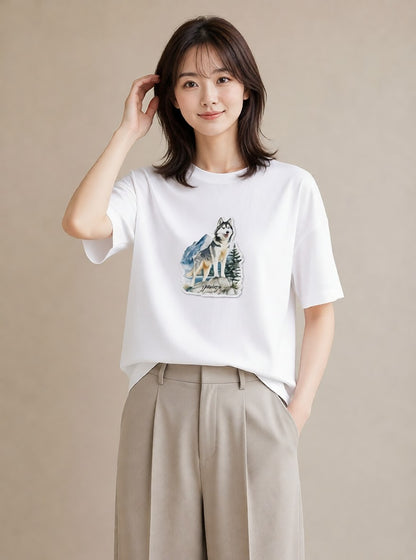 デザインTシャツ レディース シベリアンハスキー 犬 いぬ イラスト 手描き風 ギフト 母の日 白T YMAZO