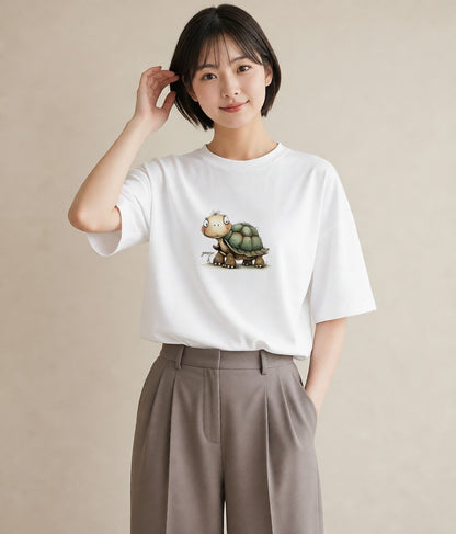 デザインTシャツ レディース ゼニガメ ペット 動物 イラスト ユニーク ラフ レイヤード 白T YMAZO