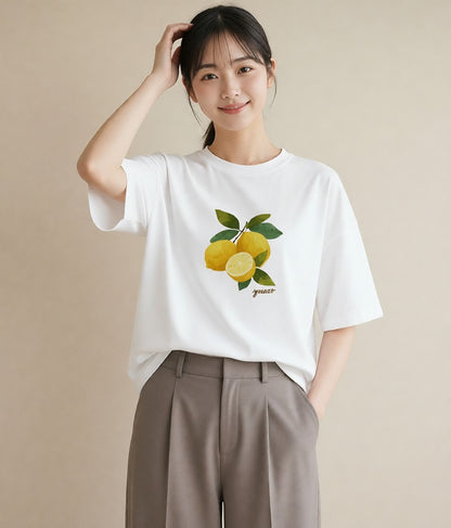 半袖Tシャツ レディース レモン 檸檬 食べ物 フード イラスト モード 送別ギフト 通勤 白T YMAZO