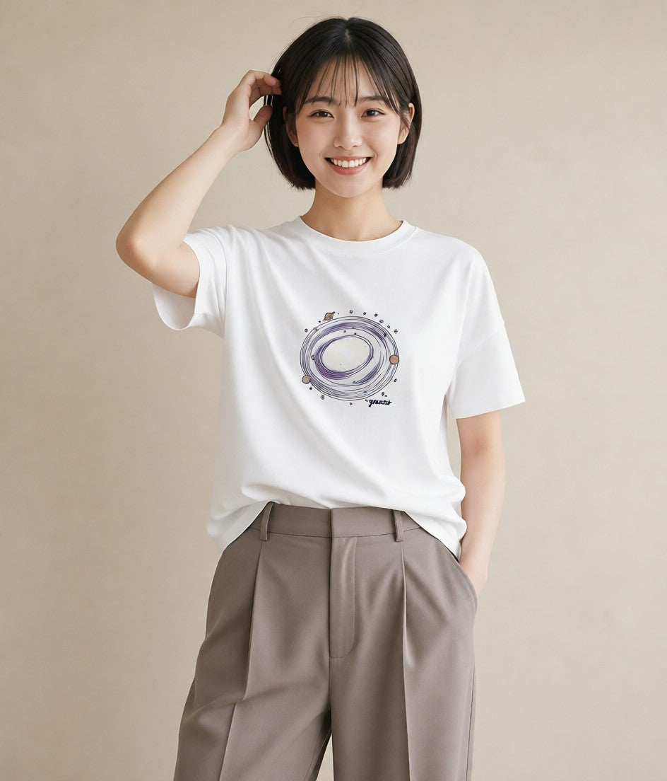 デザインTシャツ レディース 月 星空 宇宙 イラスト きれいめ 敬老の日 ホワイトデー 白T YMAZO