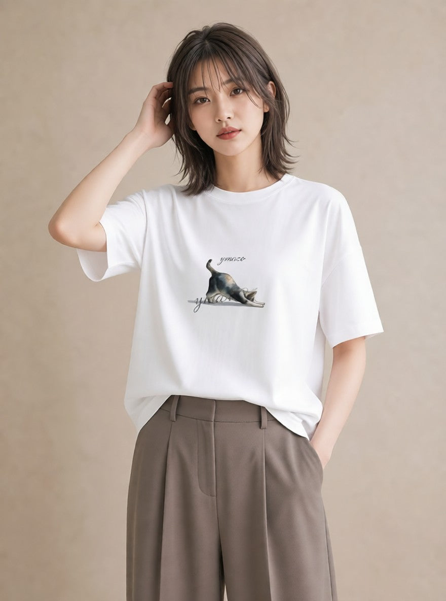 グラフィックTシャツ レディース スコティッシュフォールド 猫 ねこ イラスト 旅行コーデ 親子 20代 白T YMAZO