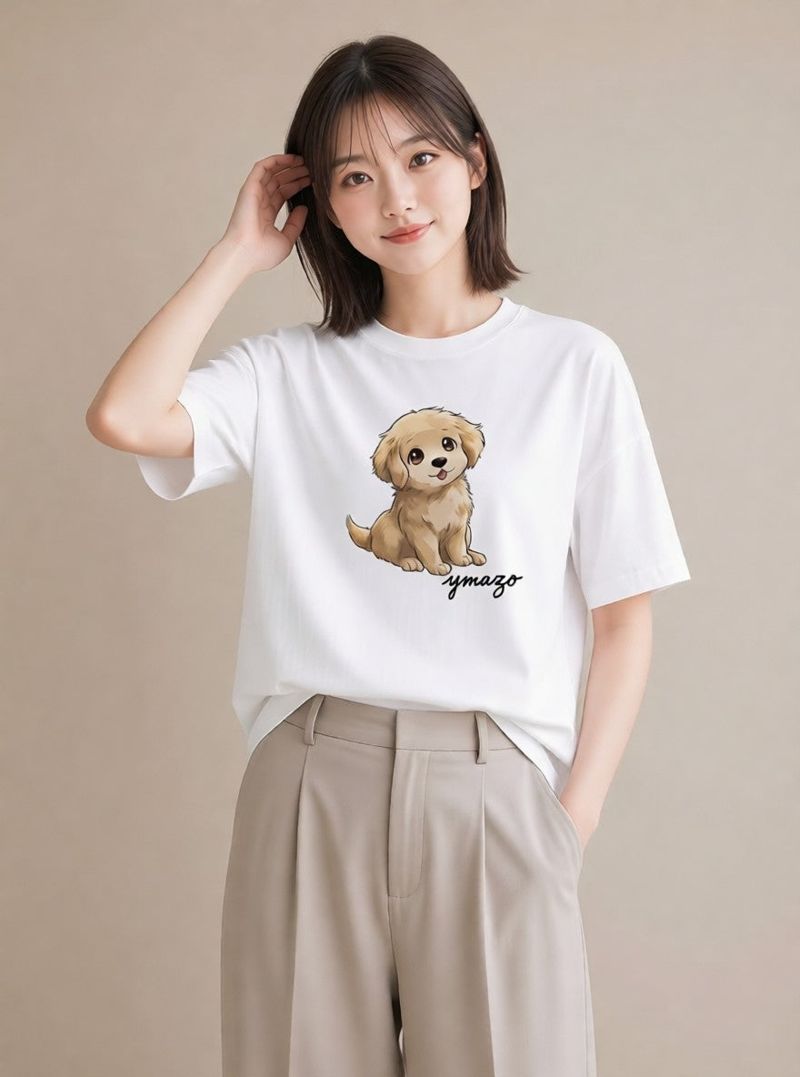 グラフィックTシャツ レディース わんこ 犬 いぬ イラスト こなれ感 綿100 デート 白T YMAZO