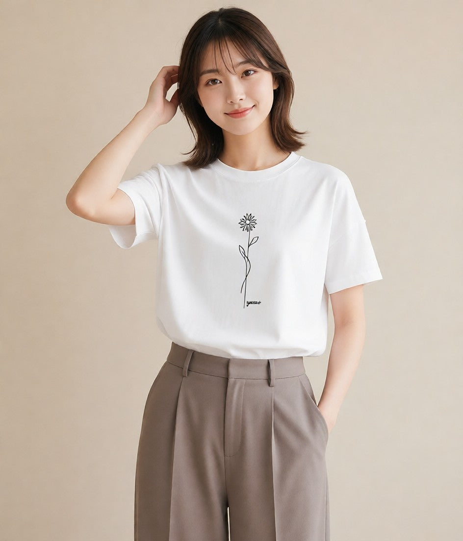 Tシャツ レディース 小花 花 フラワー イラスト 普段使い 綿100 デート 白T YMAZO