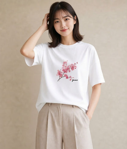 半袖Tシャツ レディース 梅 花 花柄 イラスト おしゃれギフト 社会人 白T YMAZO