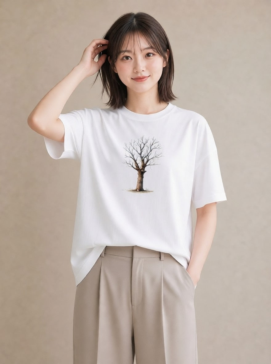 半袖Tシャツ レディース 木 植物 ボタニカル イラスト ラフカジュアル 海 カフェ巡り 白T YMAZO
