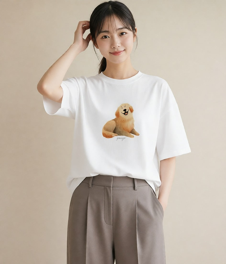 デザインTシャツ レディース ゴールデンレトリバー ゴールデン 犬 いぬ イラスト 上品 ミセス 春コーデ 白T YMAZO