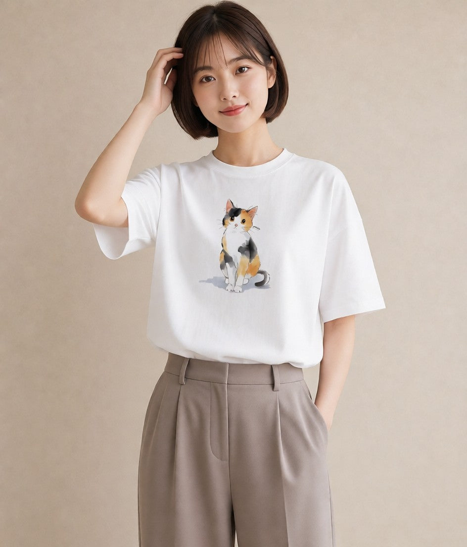 プリントTシャツ レディース キジトラ 猫 ねこ イラスト シンプル 買い物 夏コーデ 白T YMAZO