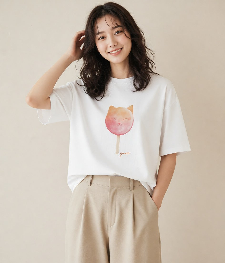 グラフィックTシャツ レディース わたあめ 食べ物 フード イラスト ニュアンス 敬老の日 ホワイトデー 白T YMAZO
