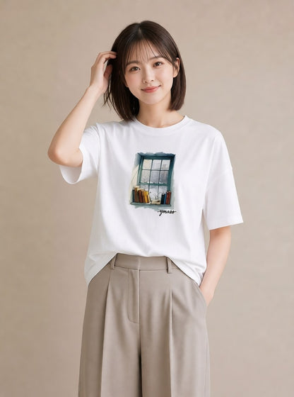 グラフィックTシャツ レディース 窓辺の雨 雨の日 窓 ナチュラル アンティーク イラスト 公園 ママ 白T YMAZO
