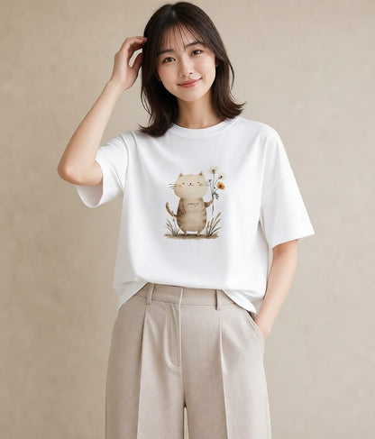 デザインTシャツ レディース ニャンコ 猫 ねこ イラスト シック お揃い 親子 白T YMAZO