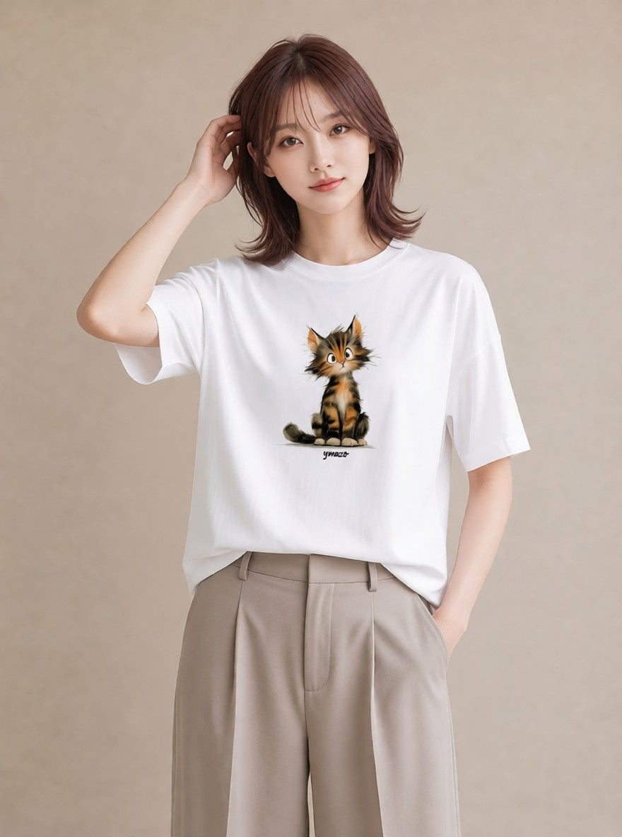 半袖Tシャツ レディース ぶち猫 猫 ねこ イラスト カフェコーデ 公園 ママ 白T YMAZO